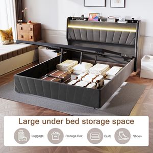 โครงเตียงควีนไซส์แบบมีพนักพิงหุ้มเบาะ พร้อมไฟ LED และแท่นชาร์จ  โครงเตียงยกเก็บของได้  พร้อมแผ่นรองรับไม้ระแนง - Product Image 4