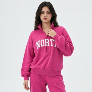 Sweat-shirt décontracté surdimensionné pour femme avec broderie de lettres, col montant, en polaire, demi-zip, poches avant, printemps automne hiver - Product Image 3