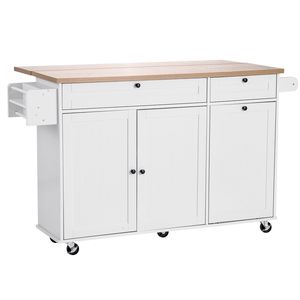Carrello da Cucina in Marmo e Rovere da 60 Pollici con Piano Ribaltabile, 2 Cassetti, Contenitore per Rifiuti e Portacoltelli - Product Image 1