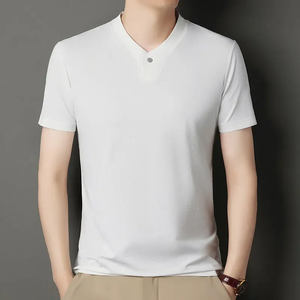 Camiseta de Verano 2026 Estilo Coreano para Hombre, Formal, Elegante, con Cuello en V, Tejida, 100% Algodón, Manga Corta, Versátil - Product Image 3