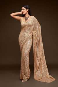 Sari de Georgette con Lentejuelas Doradas y Bordados, Estilo Indio Tradicional de Lujo para Fiestas y Eventos Nocturnos - Product Image 3