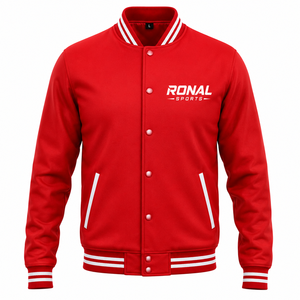 เสื้อแจ็คเก็ตวาร์ซิตี้สีแดงสำหรับผู้ชาย RONAL SPORTS พร้อมแถบสีขาวและโลโก้พิมพ์ด้านหลัง ทรงปกติ คอปกพับ ปิดด้วยซิป - Product Image 1