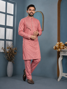 <b>Mens</b> Dusty Pink Cotton <b>Kurta</b> Pajama Set Stylish Thread Work Tassel Detail Indian Traditional Festival Outfit Wholesale B2B - Product Image 3