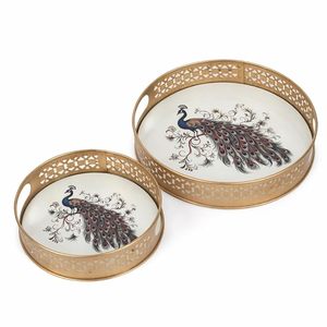 Juego de Bandejas Metálicas de Estilo Antiguo Moderno con Diseño Intrincado Grabado en Toda la Superficie y Pintura Pichwai, Juego de 2 Hecho a Mano para Regalo - Product Image 4