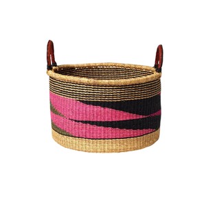 <b>Large</b> Capacity Woven <b>Storage</b> <b>Basket</b> with Leather Handles Pink Black Wave Detail Handcrafted Seagrass Bin for Blankets - Product Image 1