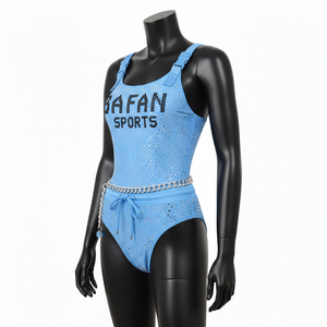 Traje de Baño para Mujer, 225 GSM, Tela de Poliéster y Spandex de Alta Elasticidad, Azul Hielo, Panel con Tachuelas, Logotipo Estampado - Product Image 1