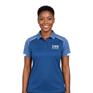 Zeta Phi Beta <b>Polo</b> <b>Shirt</b> Women <b>Royal</b> <b>Blue</b> Heather Raglan Sleeve White Piping Embroidered Greek Letter Moisture Wicking Sorority - Product Image 1