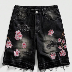 Premium Cotton Rhinestone Distressed Jeans <b>Shorts</b> Casual Summer Loose Fit Denim <b>Shorts</b> For <b>Men</b> - Product Image 1