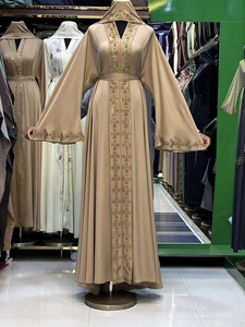 Wholesale Modest Dubai Beaded Sequined Long Sleeve <b>Abaya</b> Muslim Traditional Handmade Wedding Women Breathable V Neck - Product Image 5