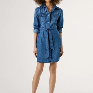 Logo personnalisé écologique tissé dentelle Denim chemise Robe femmes décontracté bouton sans manches mode vente en gros fabricant de vêtements - Product Image 1