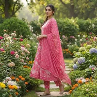 Ensemble Kurta Anarkali pour femmes, imprimé floral rose, col en V, robe évasée avec dupatta, tenue traditionnelle ethnique festive