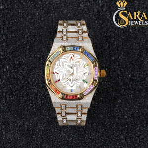 Gran oferta de reloj de diamantes de moissanita de oro rosa de lujo banda de acero inoxidable resistente al agua de cristal completo para hombres y mujeres para exportación - Product Image 3