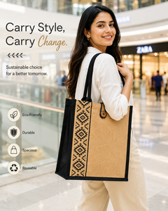 Geometric Pattern Jute Shopping <b>Bag</b> <b>Medium</b> <b>Size</b> Button Closure Hand Length Handle Groceries Use - Product Image 4