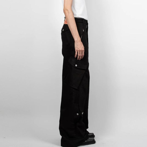 Custom <b>Men's</b> <b>Black</b> Stonewashed Straight-leg Denim <b>Cargo</b> <b>Pants</b> Oversized Straps Multi-Pockets Plus Size Streetwear Solid Button - Product Image 3