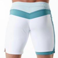 Pantalones Cortos Capri Blancos de Cintura Alta para Hombre con Panel Teal, Cierre con Cordón, Secado Rápido, Spandex, Poliéster, Ropa Deportiva Casual