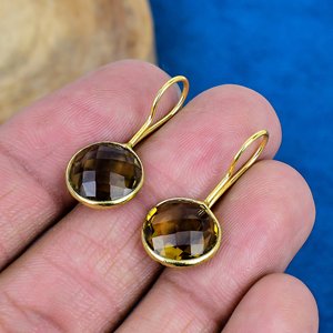 Natural Handmade Smokey Quartz Round Shape Gemstone Hook Earrings 18k Micron Gold Over 925 <b>Sterling</b> <b>Silver</b> - Product Image 3