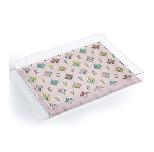 Bandeja de servir y almacenamiento de acrílico con estampado floral para té, café, refrigerios, desayuno, organizador moderno y elegante para decoración de mesa de café. - Product Image 1