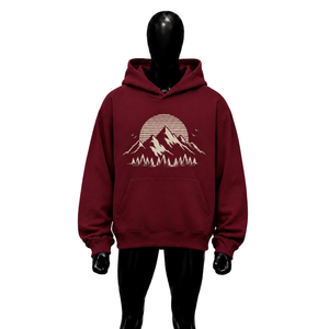 Sudadera con Capucha para Hombre, Estampado de Atardecer en Montaña Color Granate, con Bolsillo Frontal, Estilo Casual para Otoño e Invierno - Product Image 1