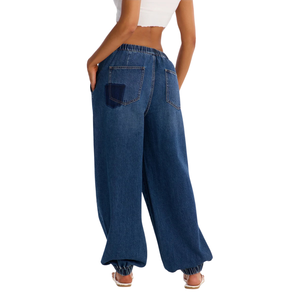 Pantalon de jogging en jean bleu foncé pour femme, coupe large, taille mi-haute, cordon élastique, respirant, ample, longueur complète, décontracté, automne-été - Product Image 2