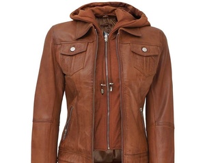 Chaqueta de piel de oveja marrón con capucha de Invierno para mujer, acolchada con decoración de botones y forro de nailon, estilo motorista real - Product Image 4