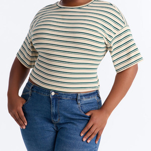 Camiseta Corta de Punto con Cuello Redondo a Rayas para Mujer, 100% Algodón Transpirable, con Lazo Trasero, Ajuste Delgado, Casual de Verano, Venta al por Mayor - Product Image 3
