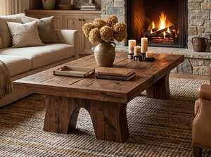 Mesa de Centro de Madera Sólida de Diseño Único Estilo Rústico con Construcción Resistente, Textura de Grano Natural y Diseño de Patas Arqueadas Exclusivas - Product Image 3