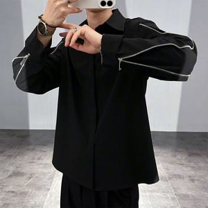 Camisa de estilo coreano con cuello vuelto para hombre, manga larga, color sólido, con botones y cremallera, moda informal, combina con todo, blusa para primavera y otoño - Product Image 2