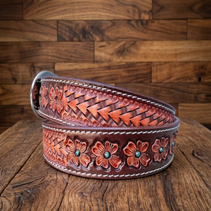 Custom Wholesale <b>Men</b> Women <b>Western</b> Leather Tooling <b>Belt</b> Floral Embossed Stylish Tooled Leather <b>Belt</b> for Unisex - Product Image 2