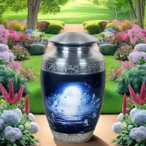 Recién llegado, urna de cremación Heaven hecha de aluminio con urna funeraria grabada a mano, urnas de cremación de Metal para exportador de cenizas - Product Image 1