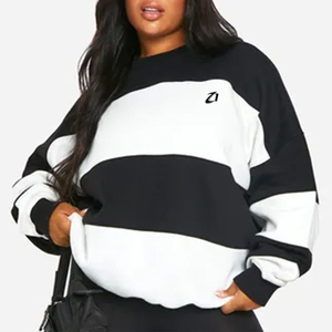 Low MOQ Custom Oversized Color <b>Block</b> Crewneck Sweatshirts for Women Cotton Fleece Casual Striped Crewneck Private Label Hoodies - Product Image 1
