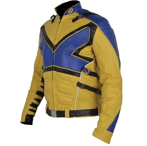 Men's Yellow Blue Leather Motorcycle Jacket Stand Collar Zipper Closure Slim Fit Windproof Moto Biker Style Autumn Wear - Product Image 4