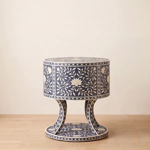 Premium Blue Bone Inlay Lotus Floral Nightstand with 2 <b>Drawers</b> Round Bedroom <b>Side</b> <b>Table</b> Handmade Luxury Bedroom <b>Table</b> - Product Image 2