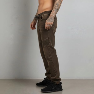Jeans de Motociclista para Hombre, Color Marrón, Cintura Alta, Corte Recto, con Logotipo de Llama en la Pierna Derecha, Transpirables, de Algodón y Poliéster, para Otoño - Product Image 3