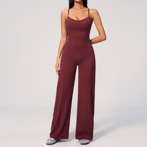Wholesale Women Activewear Seamless <b>Wide</b>-Leg Yoga Jumpsuit Cross <b>Straps</b> Backless Fitness Romper Casual Sporty Bodysuit - Product Image 1