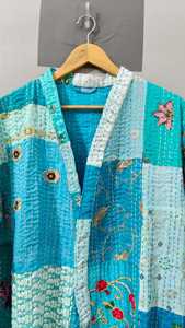 Patchwork Kantha Vintage Boho Khambadiya Kimono <b>Jacket</b> Handmade Floral Pattern 100% Cotton Long Sleeves Drawstring Closure - Product Image 6