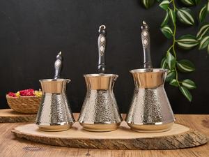 3-Piece Silver Turkish Coffee Pot <b>Set</b> Textured Silver Plated Copper Cez Ibrik Premium <b>Arabic</b> Coffee Maker <b>Set</b> with Inlaid handle - Product Image 3