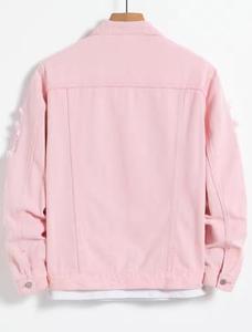 Pink <b>Denim</b> Windproof Slim Bomber <b>Jacket</b> <b>Men</b> Casual Washed Ripped Frayed <b>Hooded</b> Collar Regular Sleeve Solid Color Autumn Wear - Product Image 2