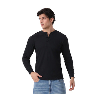 Camiseta de Manga Larga de Verano, Mezcla de Poliéster y Algodón, Cuello Henley, Tejido Waffle, Camiseta de Manga Larga para Hombre, Estilo Polo Old Money - Product Image 1