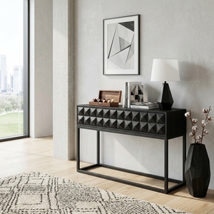 Dice <b>Console</b> <b>Black</b> Modern Wooden Entryway Table Featuring Geometric Diamond Pattern Carved Facade And Sleek Metal Frame Base - Product Image 5
