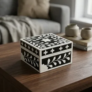 Square Wooden Jewelry <b>Box</b> Black White <b>Floral</b> Carved Design Classic Storage Case Decorative Home Decor Gift <b>Box</b> - Product Image 4