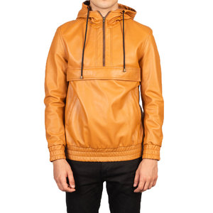 Men's Tan Genuine Leather Hooded Quarter-Zip Jacket Casual Slim Fit Autumn Wear - Product Image 6