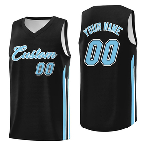 Camiseta de Baloncesto Personalizada con Nombre de Equipo Estampado por Transferencia de Calor, Negra y Azul, Cuello en V, Sin Mangas, Malla 100% Poliéster para Adultos Unisex - Product Image 1