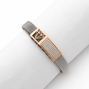 925 Sterling Silver Rose Gold Solid Gold Accent Cubic Zirconia Bracelet High Polish Diamond Motif Mesh Link <b>Mens</b> Unisex <b>for</b> Wedd - Product Image 2