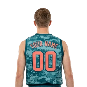 Digital <b>Camo</b> Basketball Uniform Set for <b>Men</b> V Neck Sleeveless Jersey & Matching Loose <b>Shorts</b> with Printed Team Names and Numbers - Product Image 4