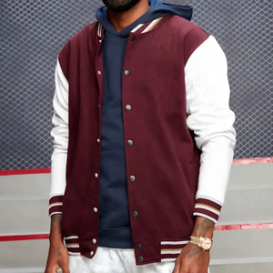 Men's Maroon White Varsity Jacket Corduroy Wool/Viscose Turn-down Collar <b>Covered</b> <b>Button</b> Closure Regular Fit Eco-Friendly - Product Image 5