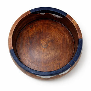 Bol à salade rond en bois d'acacia décoratif avec résine époxy bleu-blanc, brun naturel, fait main, pour service, fête, décoration de la maison - Product Image 2