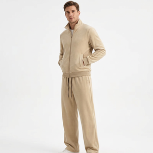 Men's Beige 2-Piece Lightweight Sweatshirt Set Solid Color Fleece Track Suit Casual Autumn Wear 100% Cotton French OEM Service - Product Image 4