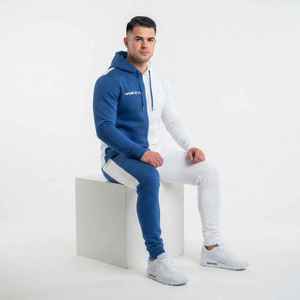 Ensemble de survêtement pour homme, bleu et blanc, à blocs de couleur, avec pantalon de survêtement décontracté à longueur intégrale et poches latérales, coupe classique, pour l'automne - Product Image 5