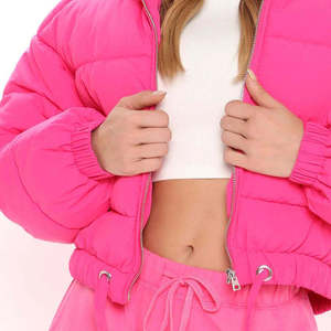 Pink Puffer <b>Jacket</b> Stand Collar Zipper Closure Quilted Windproof Thick Winter Coat Casual Loose Fit Solid Color - Product Image 5