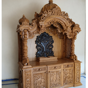 Hand Carved Teak Wood Cabinet Temple Rama Krishna <b>Mandir</b> Traditional Puja Unit With Dome Customized Home Shrine USA - Product Image 1